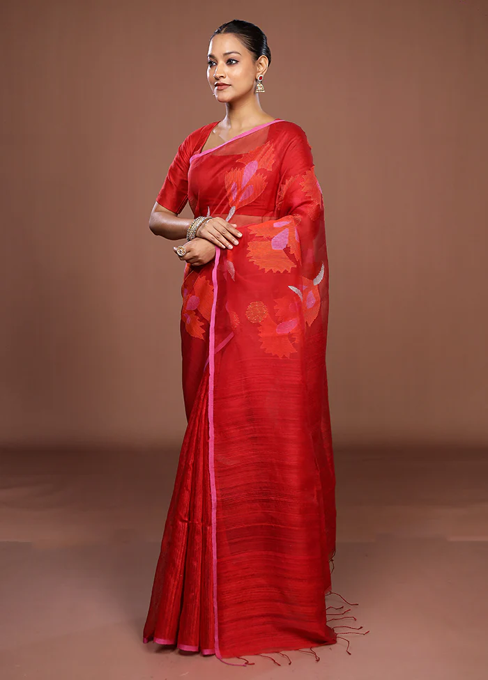 Red Handloom Matka Pure Silk Saree With Blouse Piece - Image 4