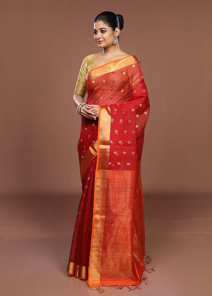 Red Handloom Matka Pure Silk Saree With Blouse Piece - Image 4
