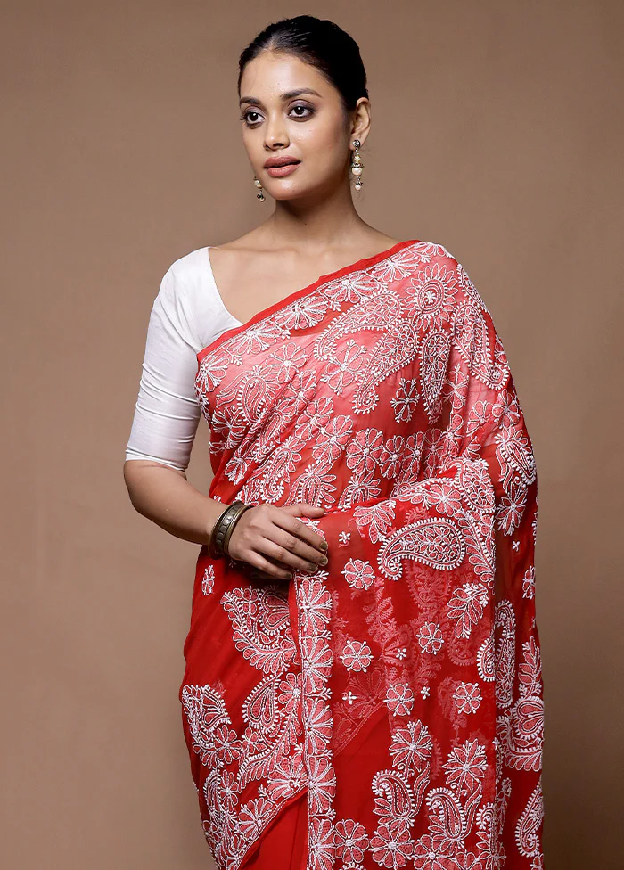 Red Handloom Pure Cotton Saree With Blouse Piece - Image 2