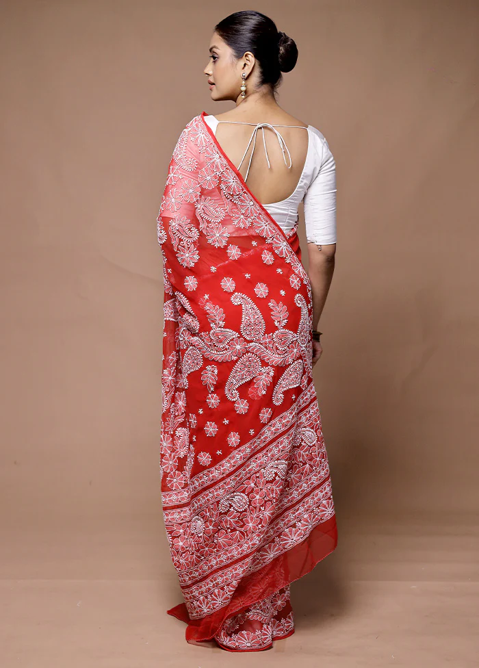 Red Handloom Pure Cotton Saree With Blouse Piece - Image 3
