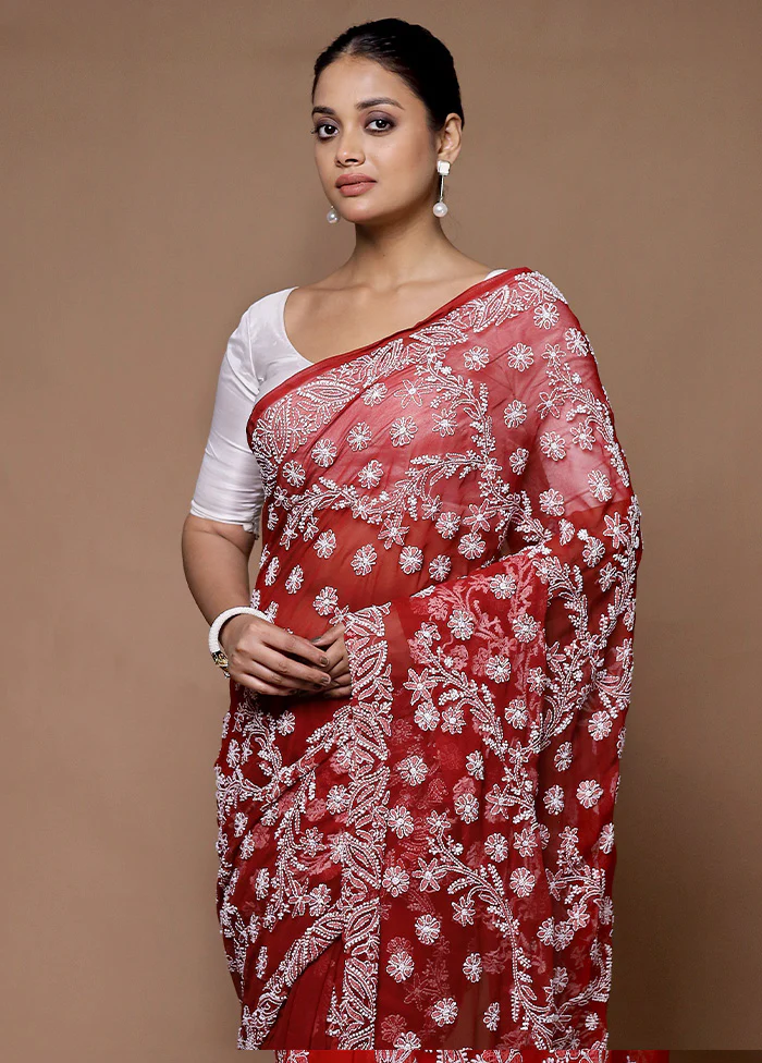 Red Handloom Pure Cotton Saree With Blouse Piece - Image 2