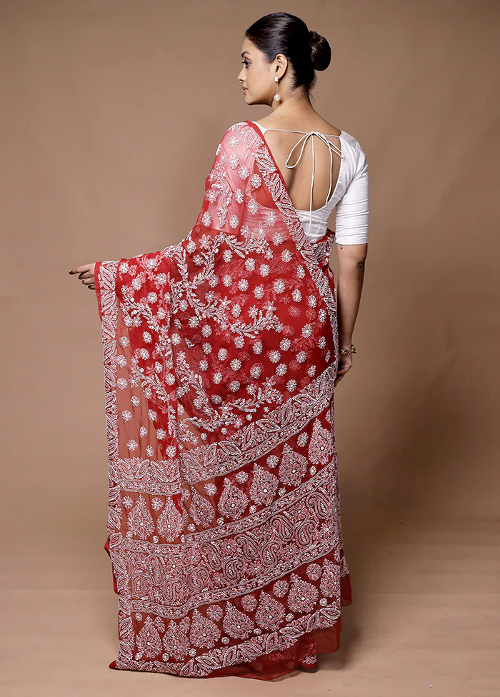 Red Handloom Pure Cotton Saree With Blouse Piece - Image 3