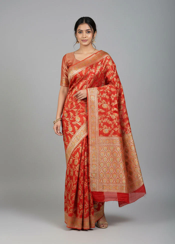 Red Handloom Pure Georgette Saree With Blouse Piece