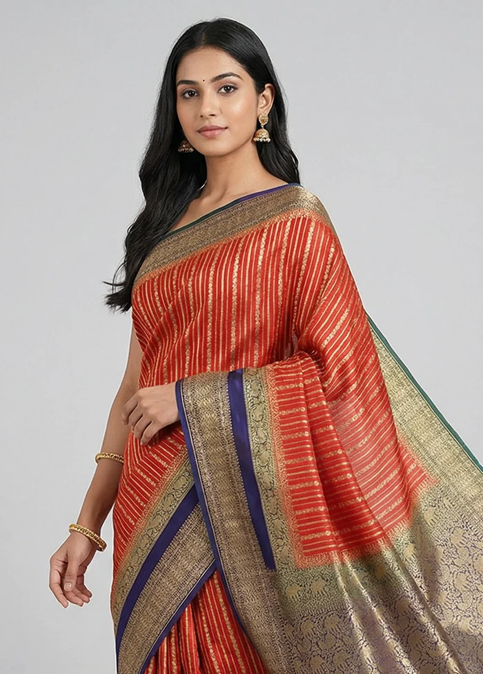 Red Handloom Pure Georgette Saree With Blouse Piece - Image 2