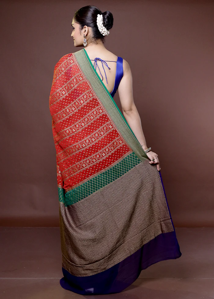 Red Handloom Pure Georgette Saree With Blouse Piece - Image 3