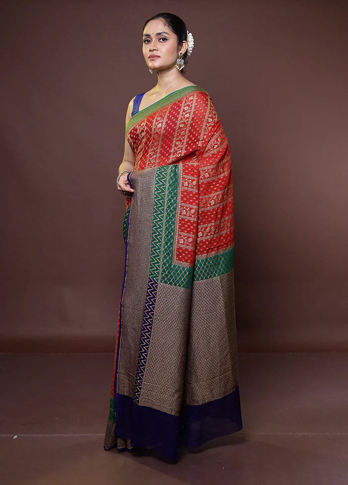 Red Handloom Pure Georgette Saree With Blouse Piece - Image 4