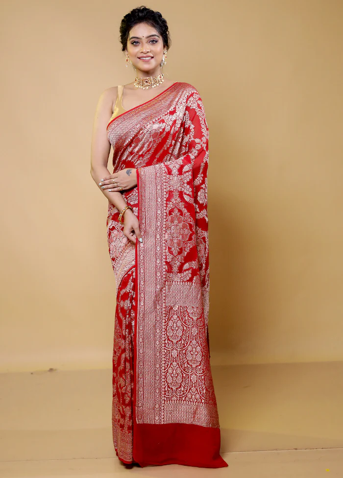 Red Handloom Pure Georgette Saree With Blouse Piece - Image 2