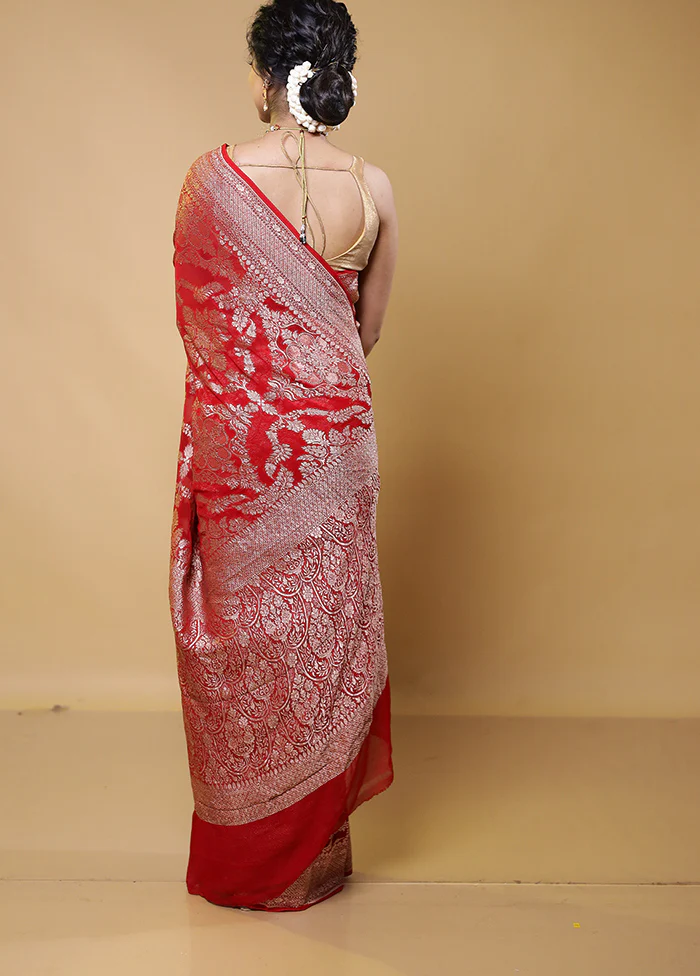 Red Handloom Pure Georgette Saree With Blouse Piece - Image 3