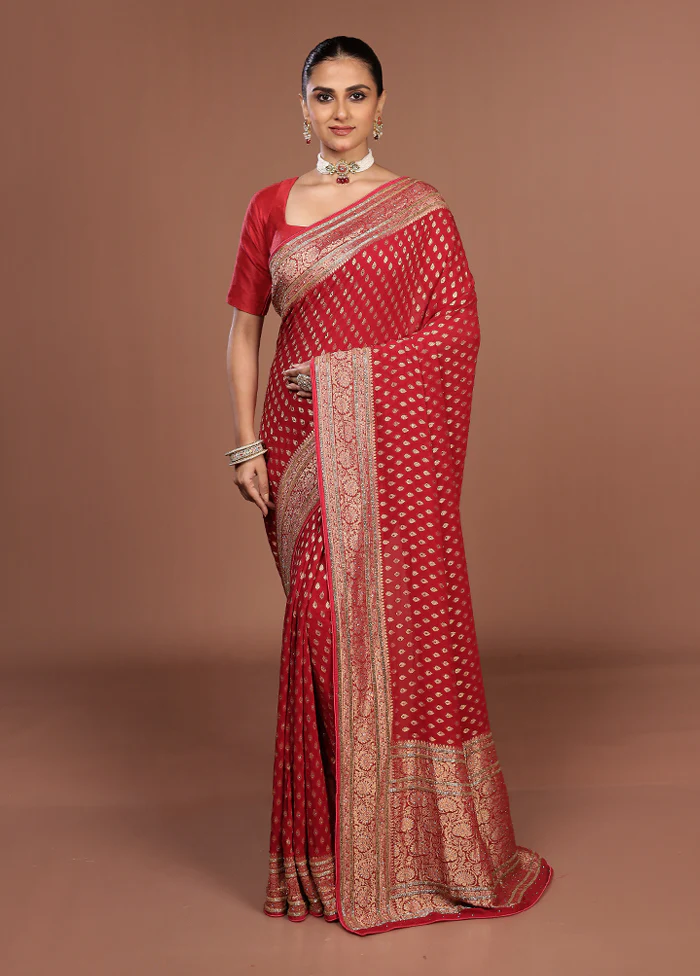 Red Handloom Pure Khaddi Georgette Saree With Blouse Piece - Image 2