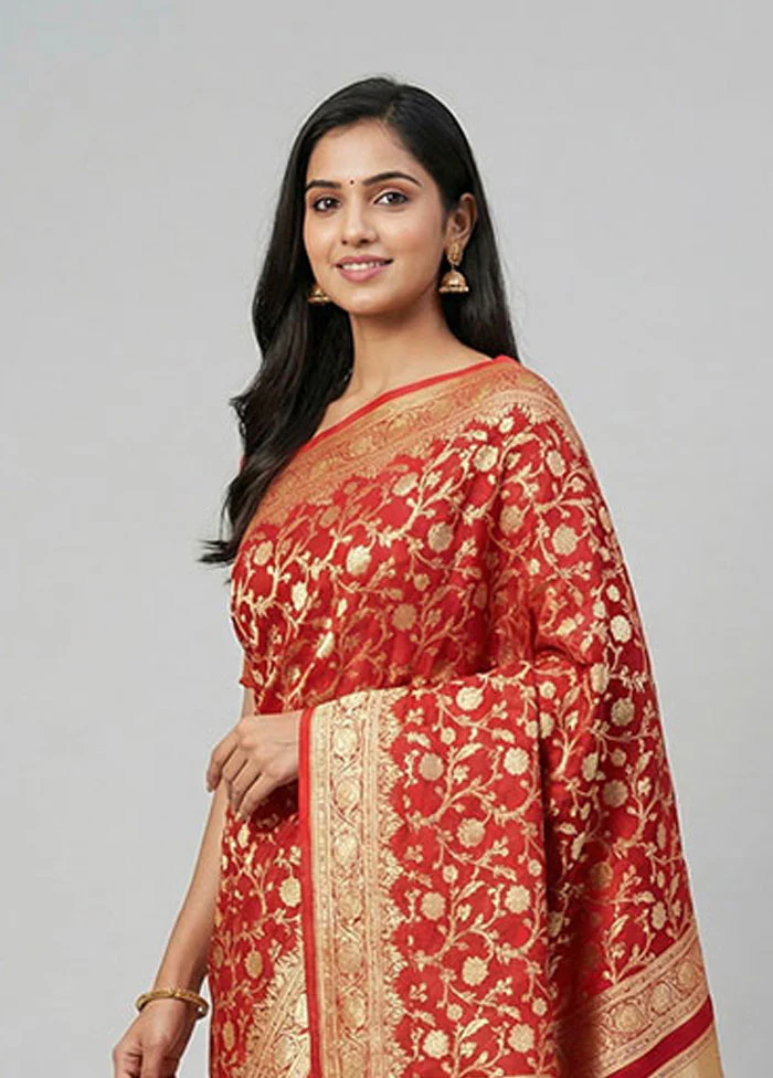 Red Handloom Pure Georgette Saree With Blouse Piece - Image 2