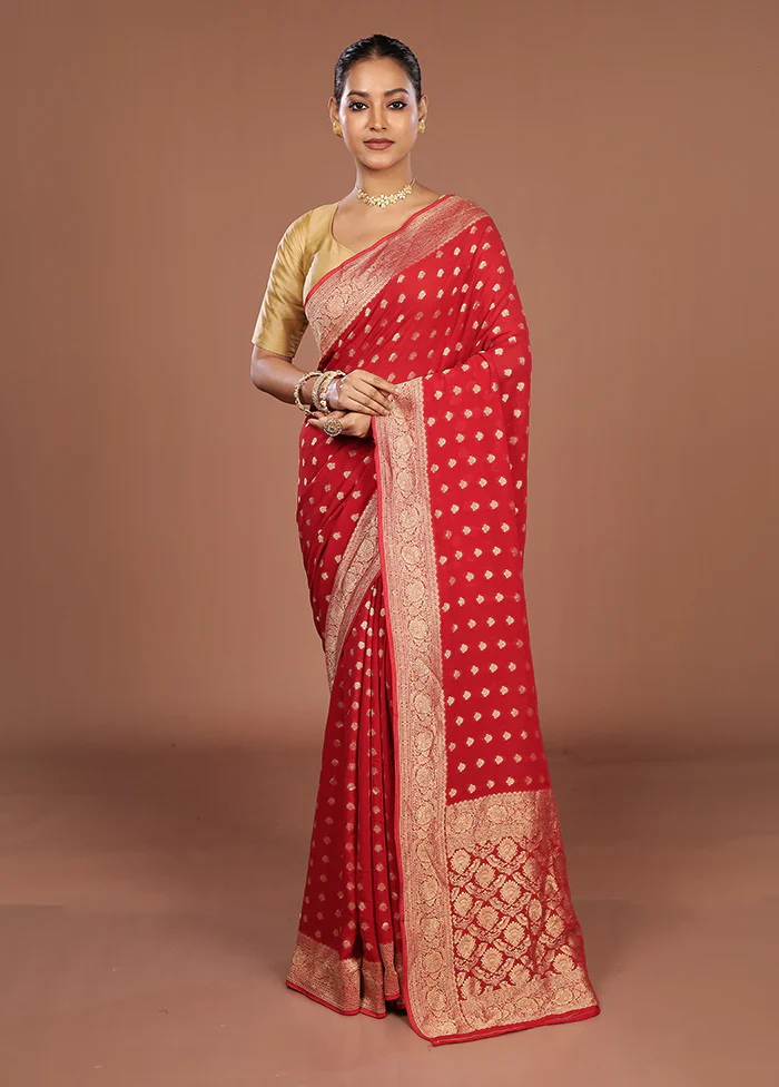 Red Handloom Pure Georgette Saree With Blouse Piece - Image 2