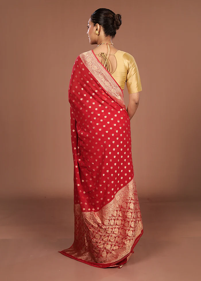 Red Handloom Pure Georgette Saree With Blouse Piece - Image 3