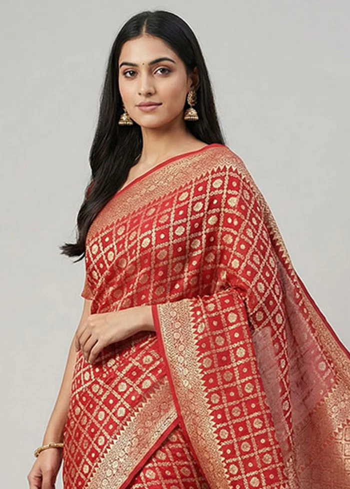 Red Handloom Pure Georgette Saree With Blouse Piece - Image 2