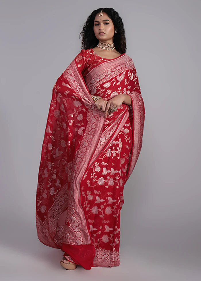 Red Handloom Pure Khaddi Georgette Saree With Blouse Piece