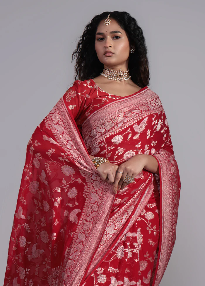 Red Handloom Pure Khaddi Georgette Saree With Blouse Piece - Image 2