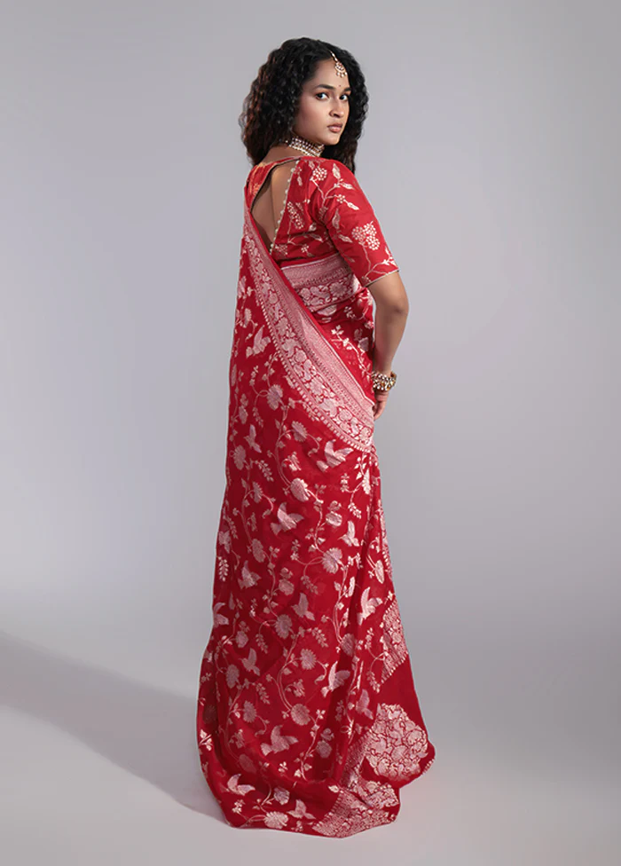 Red Handloom Pure Khaddi Georgette Saree With Blouse Piece - Image 3