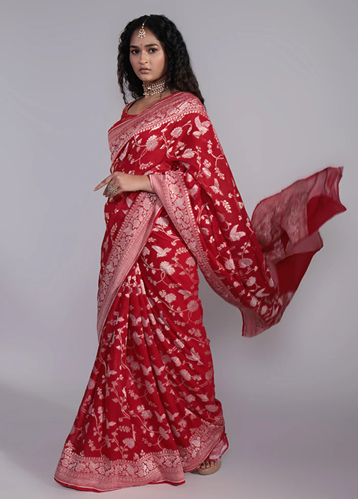 Red Handloom Pure Khaddi Georgette Saree With Blouse Piece - Image 4