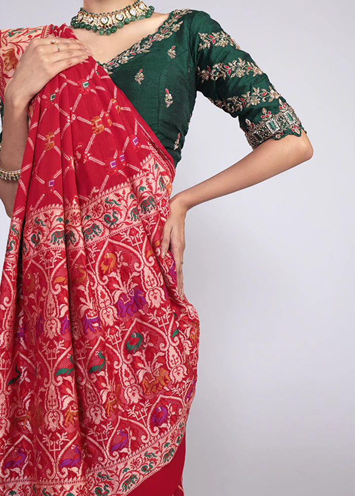 Red Handloom Pure Georgette Saree With Blouse Piece - Image 4