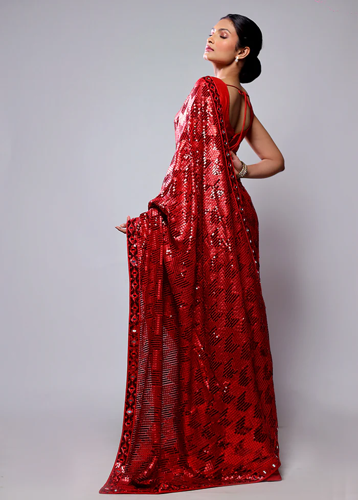 Red Handloom Pure Georgette Saree With Blouse Piece - Image 2