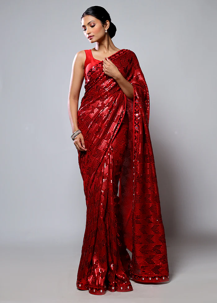 Red Handloom Pure Georgette Saree With Blouse Piece - Image 3