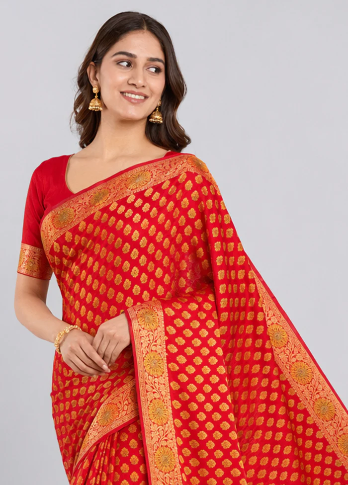 Red Handloom Pure Georgette Saree With Blouse Piece - Image 2