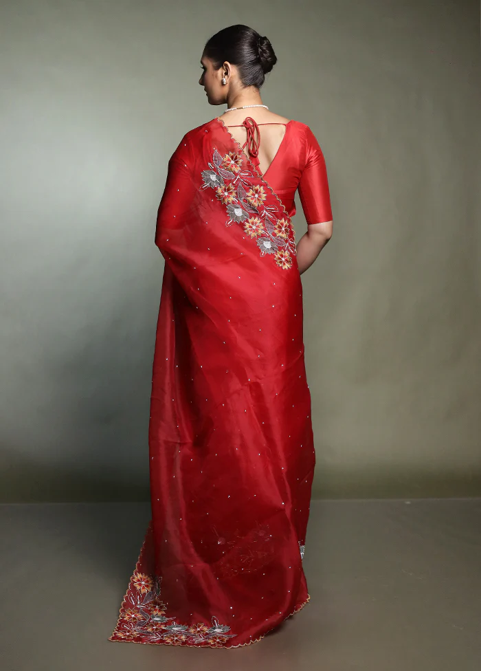 Red Handloom Pure Organza Saree With Blouse Piece - Image 3