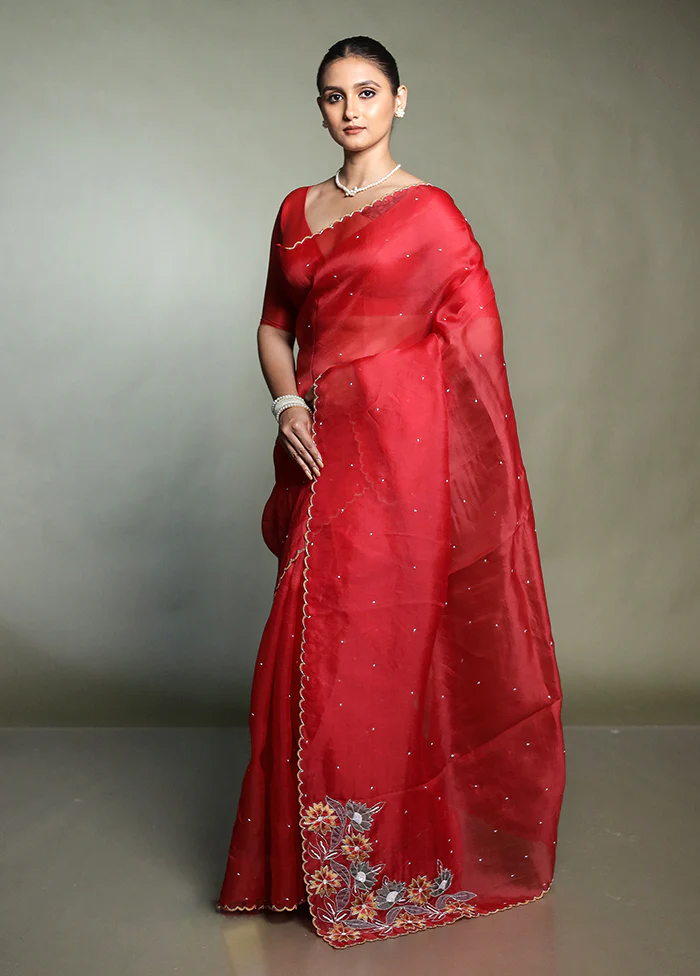 Red Handloom Pure Organza Saree With Blouse Piece - Image 4