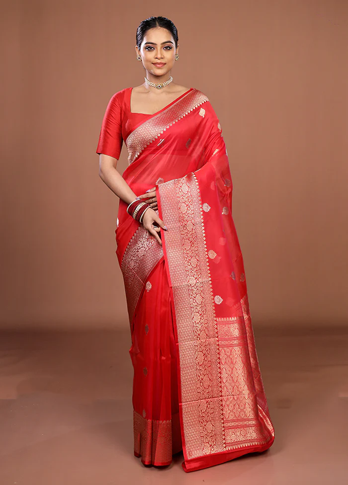 Red Handloom Pure Organza Saree With Blouse Piece - Image 2