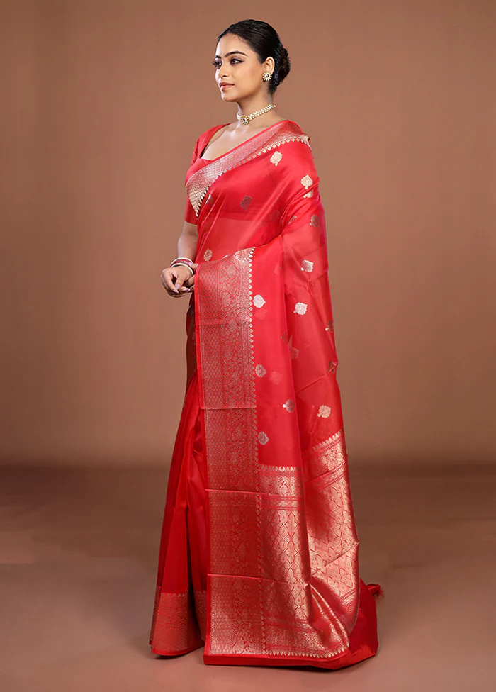 Red Handloom Pure Organza Saree With Blouse Piece - Image 4