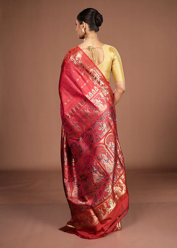 Red Handloom Swarnachuri Pure Silk Saree With Blouse Piece - Image 3
