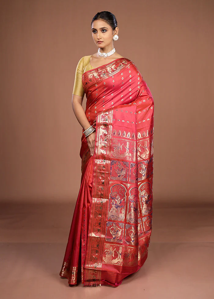 Red Handloom Swarnachuri Pure Silk Saree With Blouse Piece - Image 4