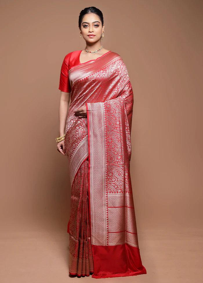 Red Handloom Tussar Pure Silk Saree With Blouse Piece