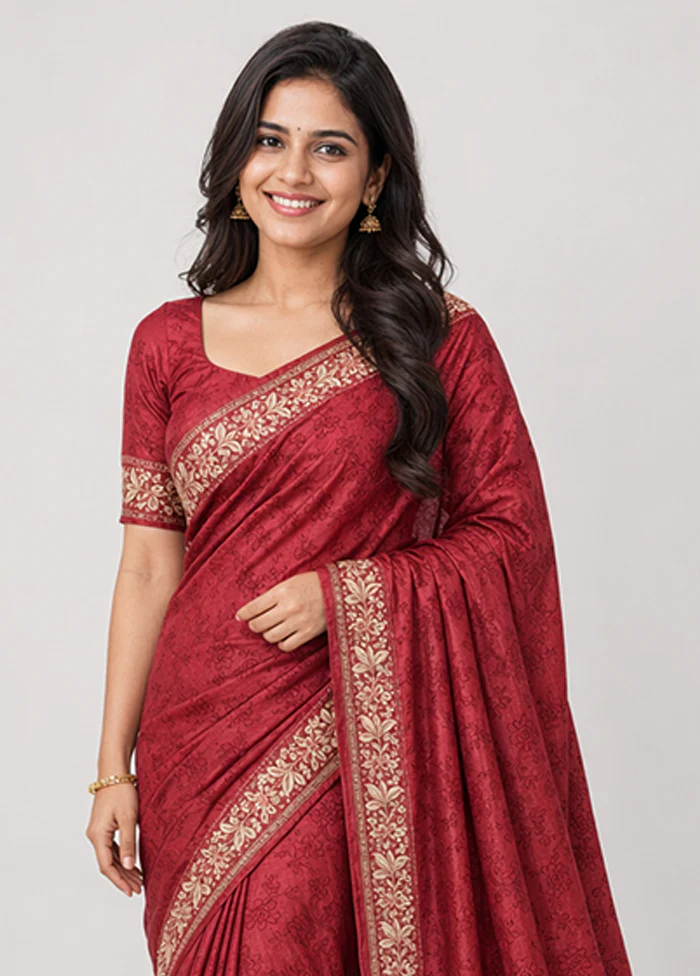 Red Handloom Tussar Pure Silk Saree With Blouse Piece - Image 2