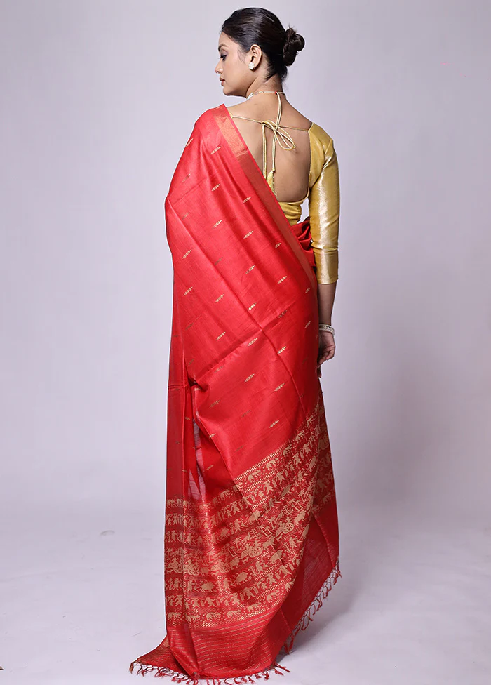 Red Handloom Tussar Pure Silk Saree With Blouse Piece - Image 3