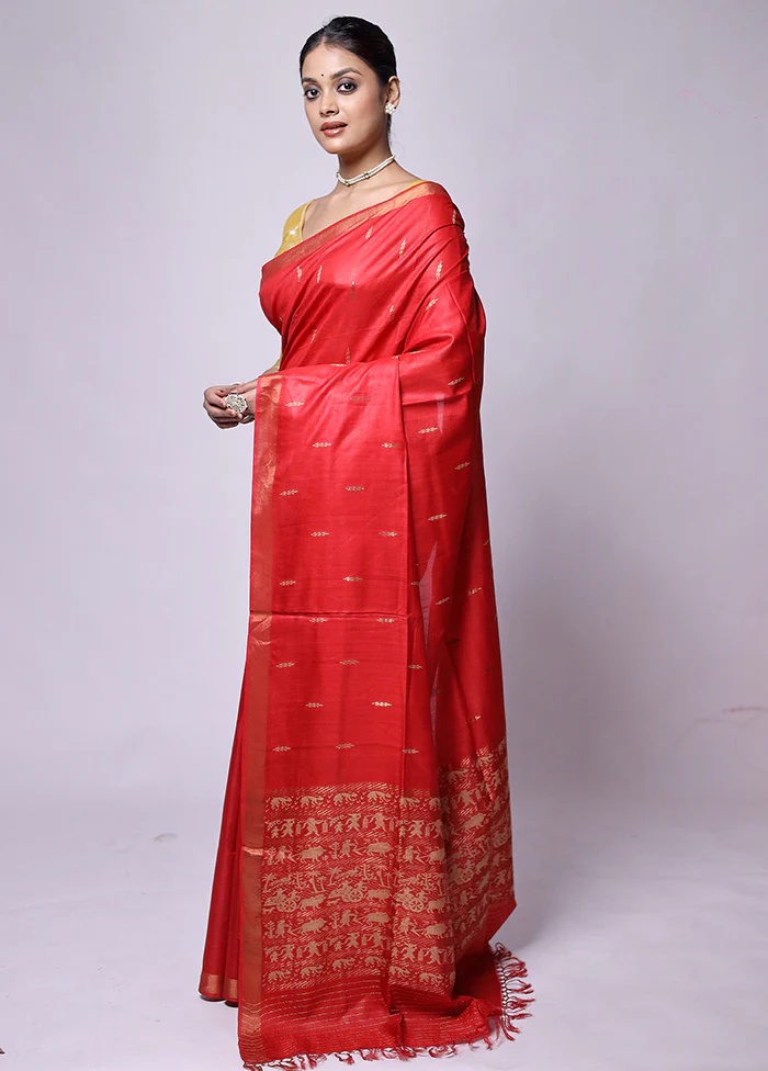 Red Handloom Tussar Pure Silk Saree With Blouse Piece - Image 4