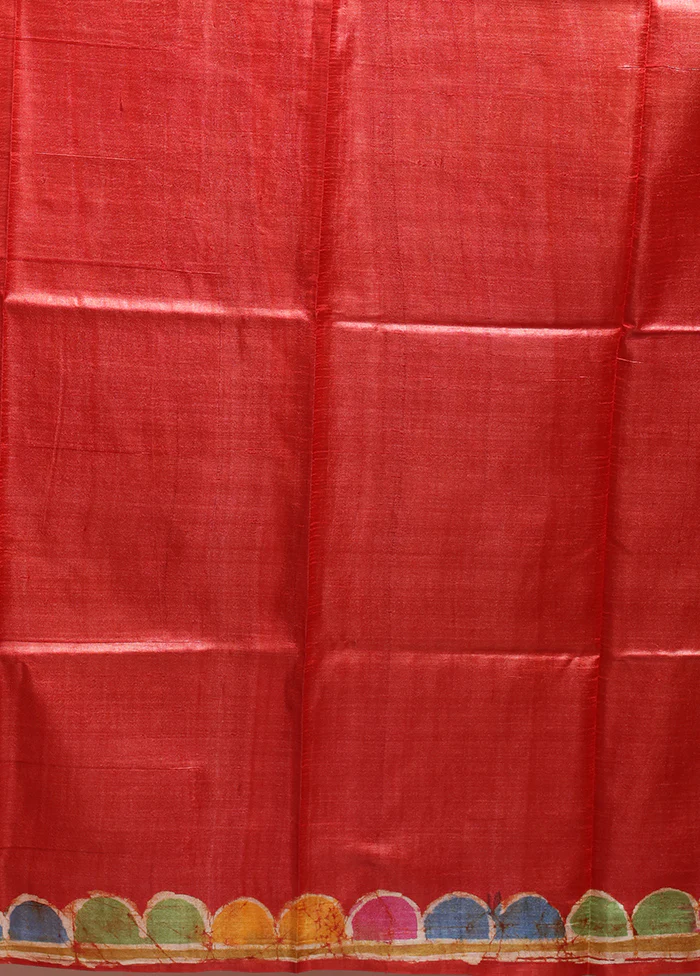 Red Handloom Tussar Pure Silk Saree With Blouse Piece - Image 5