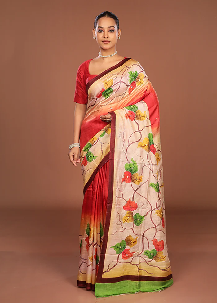 Red Handloom Tussar Pure Silk Saree With Blouse Piece - Image 2