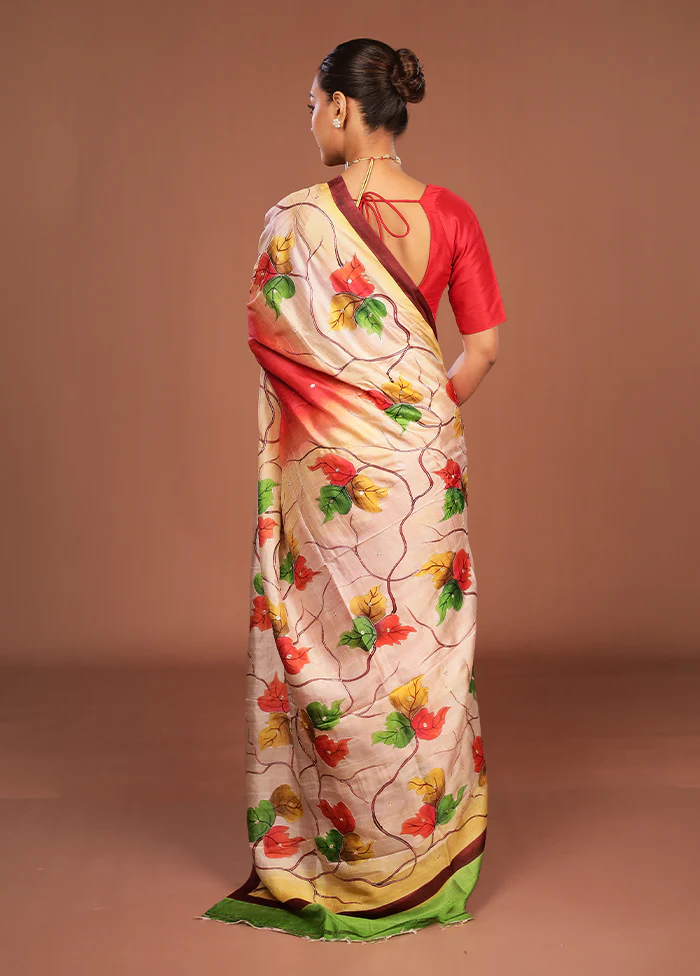 Red Handloom Tussar Pure Silk Saree With Blouse Piece - Image 3