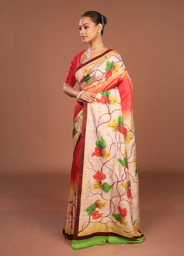 Red Handloom Tussar Pure Silk Saree With Blouse Piece - Image 4