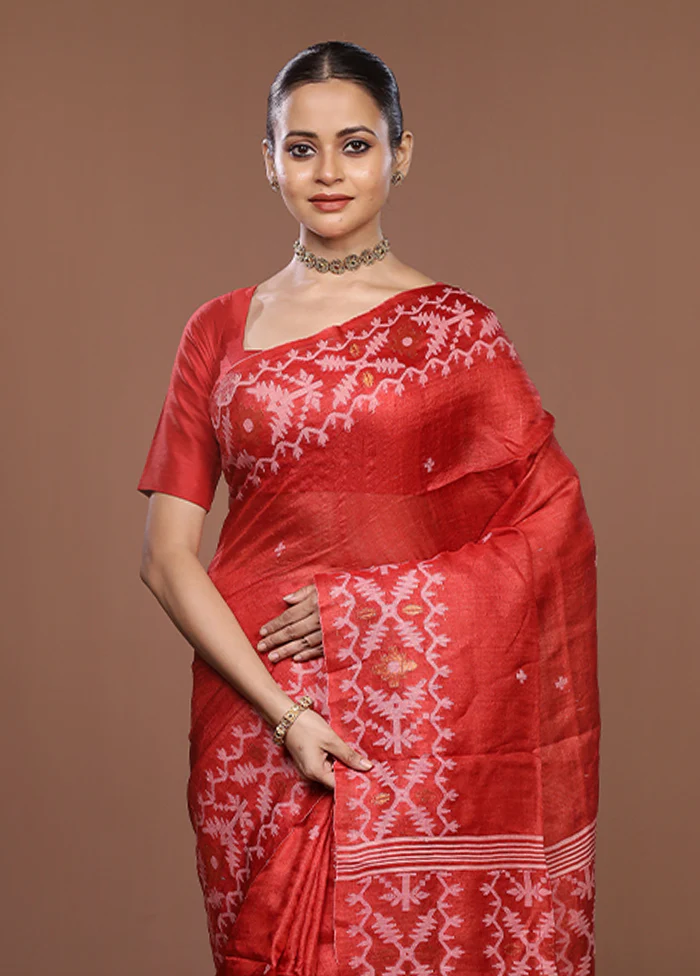 Red Handloom Tussar Pure Silk Saree With Blouse Piece