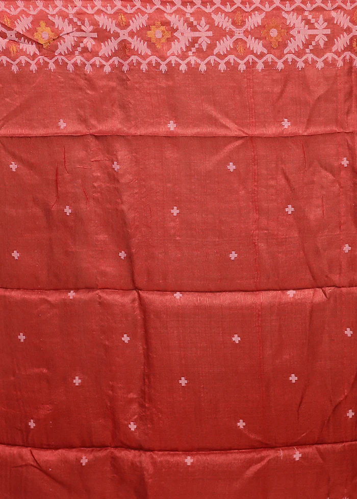 Red Handloom Tussar Pure Silk Saree With Blouse Piece - Image 5