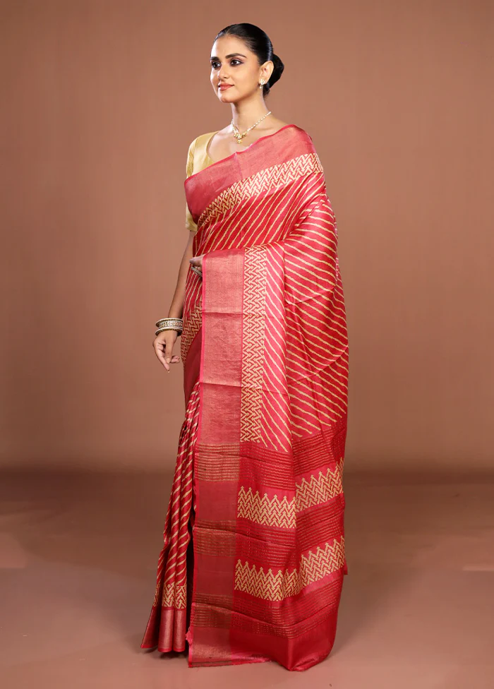 Red Handloom Tussar Pure Silk Saree With Blouse Piece - Image 4