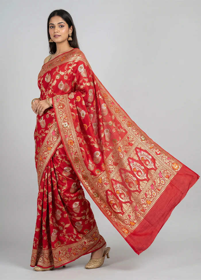 Red Handloom Tussar Pure Silk Saree With Blouse Piece