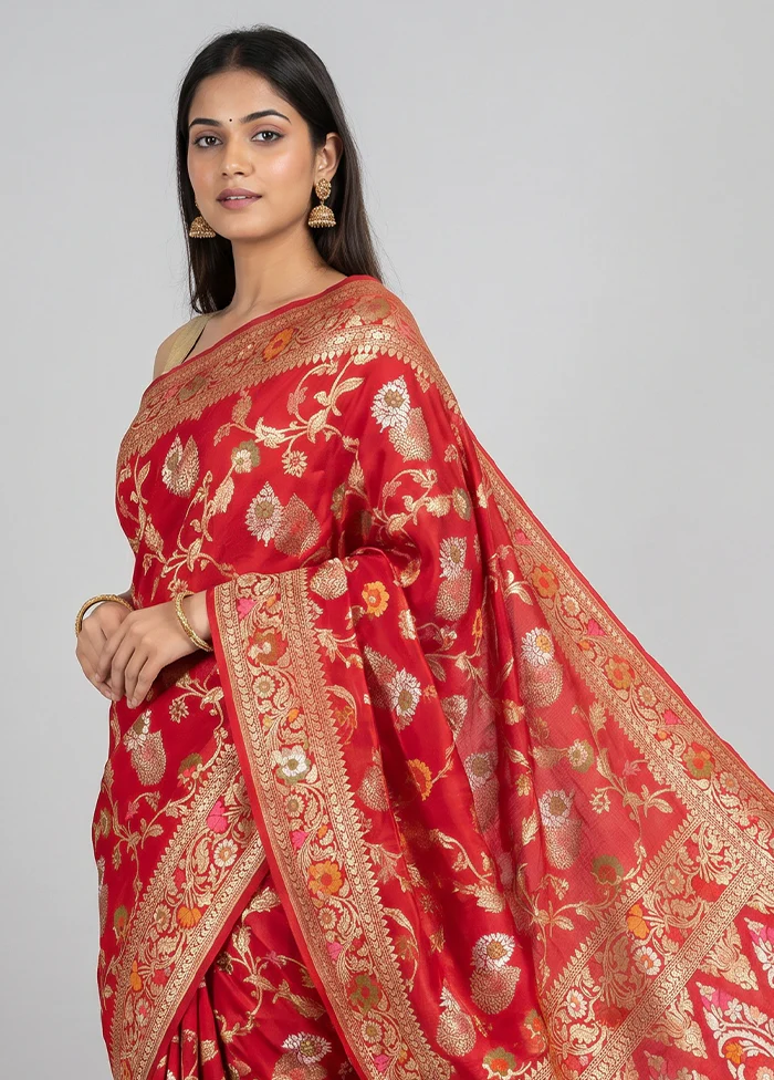 Red Handloom Tussar Pure Silk Saree With Blouse Piece - Image 2
