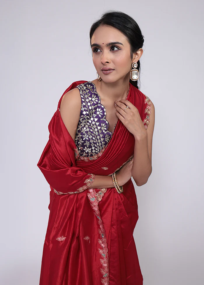 Red Handloom Tussar Pure Silk Saree With Blouse Piece - Image 2