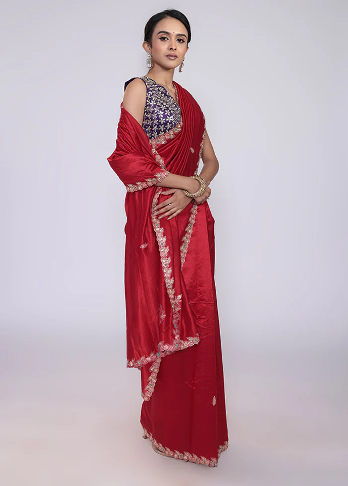 Red Handloom Tussar Pure Silk Saree With Blouse Piece - Image 4