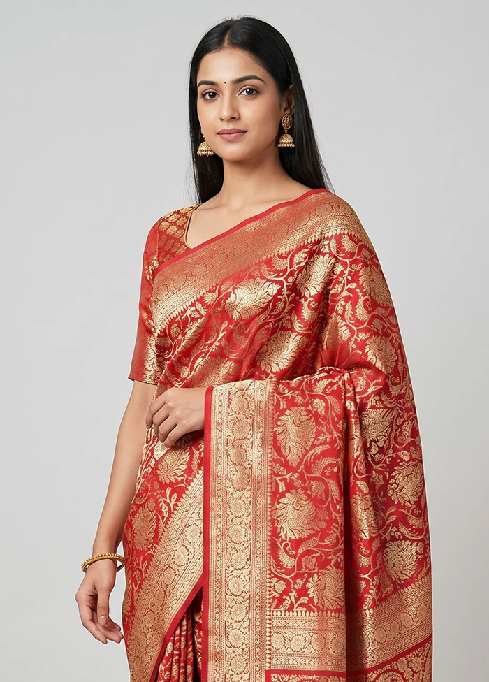 Red Handloom Uppada Pure Silk Saree With Blouse Piece - Image 2