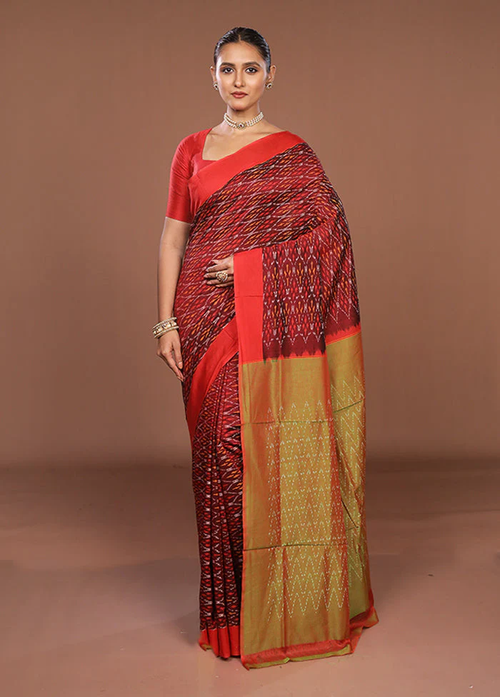 Red Ikkat Cotton Saree Without Blouse Piece - Image 2