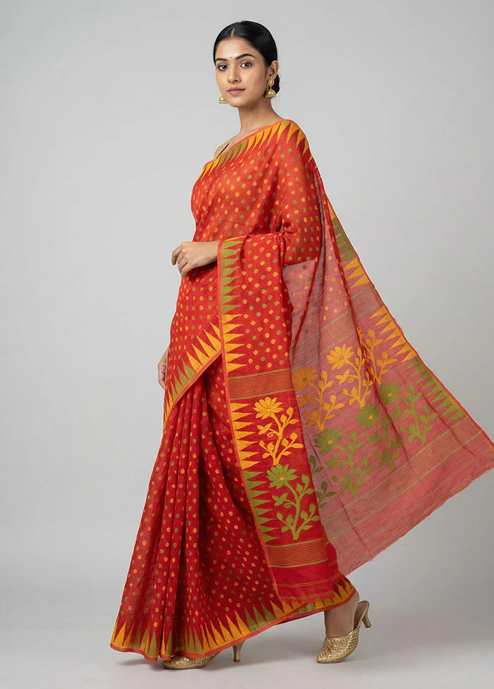 Red Jamdani Cotton Saree Without Blouse Piece