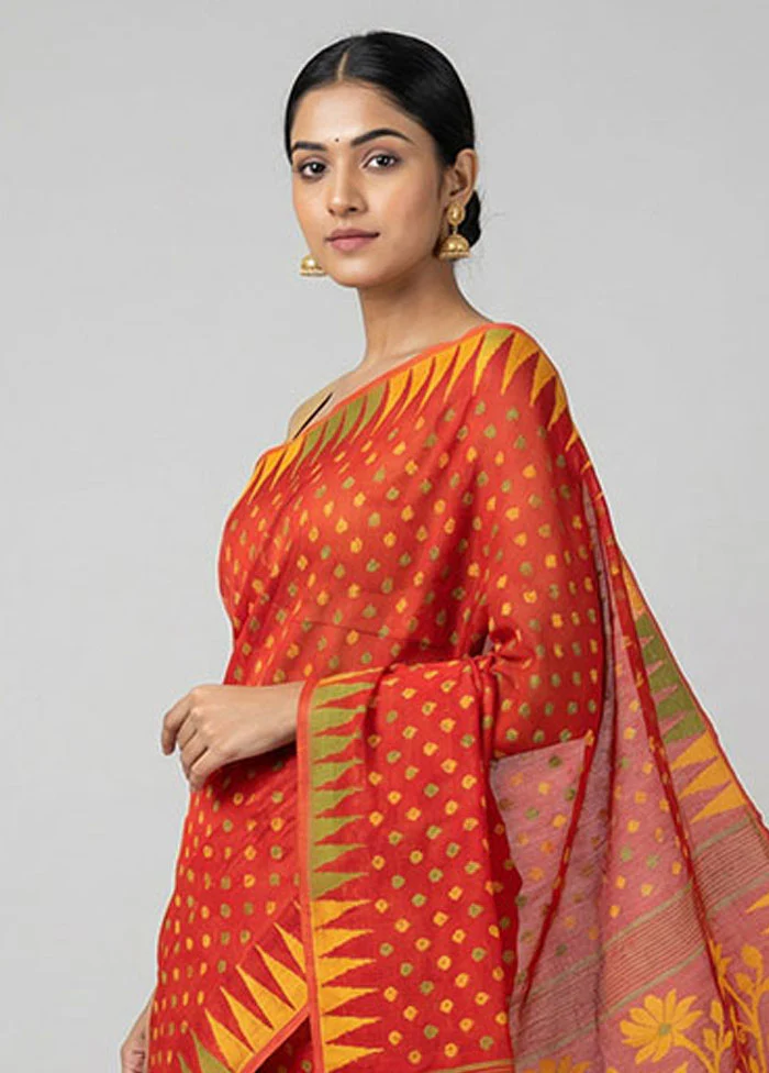 Red Jamdani Cotton Saree Without Blouse Piece - Image 2